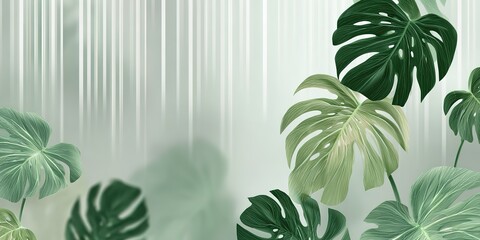 White and green background with blurred glass, with large monstera leaves floating in the foreground
