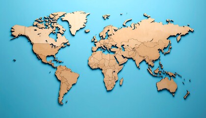 Fototapeta premium A light beige world map, cut from wood, set against a light, cool blue background. 3D effect