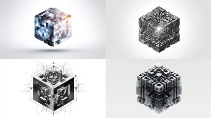 Four abstract cubes, metallic and digital, display intricate patterns.  A grayscale, a color, and two detailed, wireframe-style cubes illustrate complex forms
