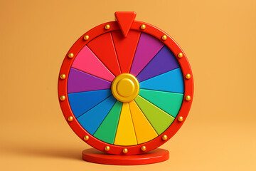 Colorful spinning wheel with vibrant segments on a bright orange background