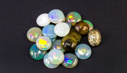 Opal gemstones, various colors and patterns, round shapes, on dark background