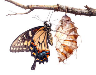 Butterfly Emerging from Cocoon, Metamorphosis Concept Illustration, Isolated