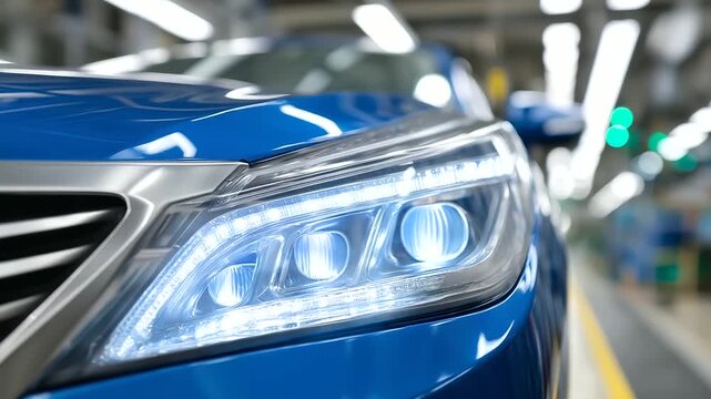 An automotive lighting manufacturing facility produces modern LED headlights. The assembly line also integrates advanced driver-assistance system (ADAS) sensors into the lighting m