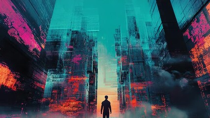Businessman walking in futuristic cyberpunk metaverse city with glowing neon lights - Powered by Adobe