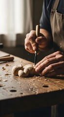Close-up of a craftsman's hands using a chisel to carve a small wooden object on a workbench.