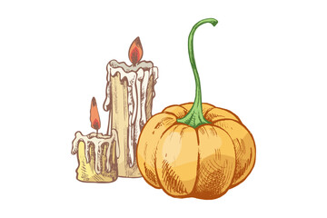 Hand drawn vintage sketch of autumn pumpkin with long stem and two burning wax candles in rustic seasonal colors