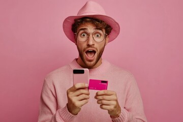 Surprised man checks his mobile phone with a credit card in hand, reacting to unexpected information or a change in circumstances, Generative AI