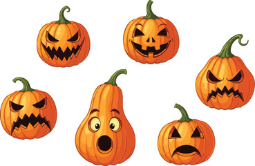 Halloween Pumpkin Faces Vector Set – Scary, Funny, Angry and Spooky Jack O’ Lantern Expressions for Holiday Design