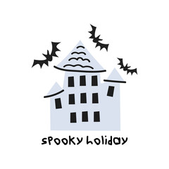 Halloween cartoon stickers in retro flat style. Scary labels, badges, spooky doodle composition. Vampire, creepy house, crow, bat. Vector modern illustration