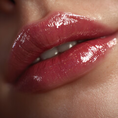 Close-up of realistic female lips, full lips being highlighted with lip gloss applied by wand, sharp focus on the mouth