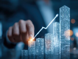Real Estate Investment Growth: Professional Using Digital Technology for Property Market Analysis and Tracking Percentage Increases in a Modern Office Environment