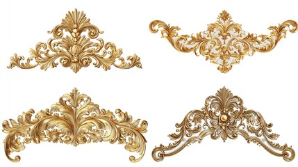 Four ornate gold decorative elements,  intricate scrollwork and floral designs,  isolated on white background