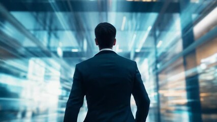 Businessman walking in abstract modern office corridor moving forward into the future