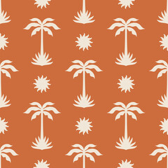Summer boho seamless pattern with palm trees and sun. Background design. Repeating print for fabric