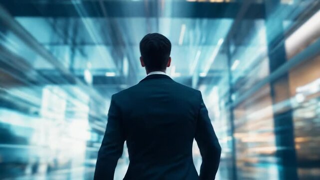 Businessman walking in abstract modern office corridor moving forward into the future