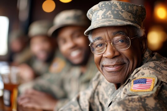 A proud senior veteran in uniform smiles warmly, joined by fellow servicemen, showcasing camaraderie and military pride