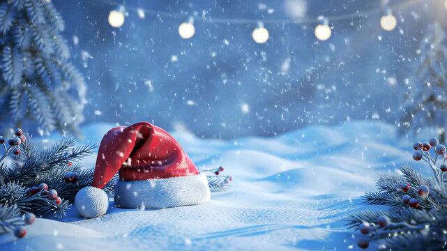 Santa hat snow winter Christmas festive holiday pine berry outdoor lights create magical and peaceful winter holiday scene with falling snow, glowing lights, pine branches, and red berries