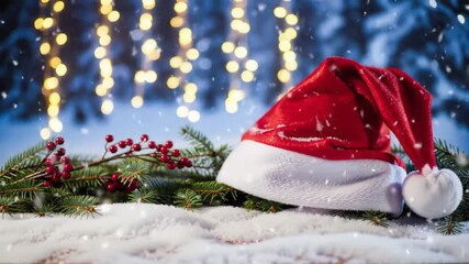 Santa hat snow pine branch red berry winter Christmas festive holiday decoration celebration create joyful seasonal atmosphere with sparkling lights, falling snow, glowing lights, snowy pine branches - Powered by Adobe