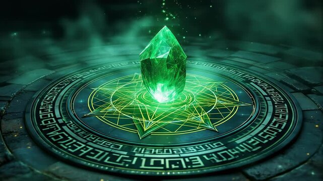 Luminous emerald crystal radiates ancient mystical power from an intricately carved runic circle, casting an enchanting glow in a dark, enigmatic fantasy realm