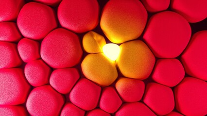 3D visualization of clustered adipose cells shown as rounded red and orange spheres with a central glowing core. The abstract structure symbolizes fat tissue, lipolysis, cosmetic treatment and medical