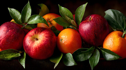 Symmetrical Arrangement of Apples and Oranges with Geen Leaves on Dark Backgrond