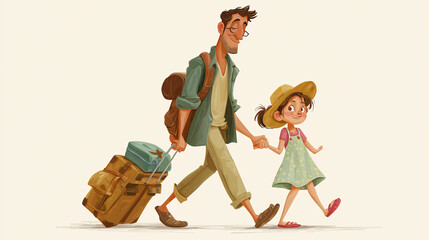 Illustration of father and daughter traveling with luggage and backpack