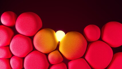 Illustration of spherical red and yellow adipose cells illuminated by a central glowing source. The abstract composition suggests cosmetic skin treatment, fat reduction, thermal effect on adipose