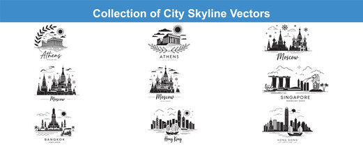 Fototapeta premium City Skyline Vectors Featuring Athens, Moscow, Bangkok, Singapore and Hong Kong Landmarks and Urban Landscapes with Recognizable Monuments and Designs