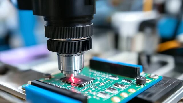 An automated optical inspection (AOI) system detects microscopic defects in manufactured electronic components. A high-resolution camera scans a circuit board, and a screen shows t