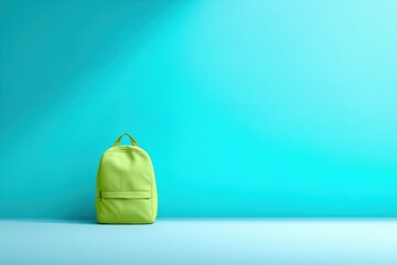 Bright green backpack stands against a vibrant turquoise wall, creating a fresh and modern atmosphere, ideal for educational or travel-related themes with copy space