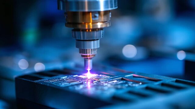 An advanced etching system removes precise material layers from a semiconductor wafer. A beam of plasma is shown selectively carving out the intricate circuit patterns in a key ste