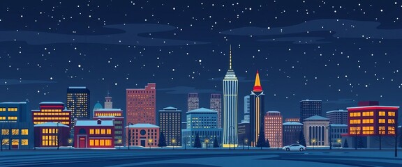 Flat Memphis style winter night cityscape; stylized buildings, snow, dark sky, geometric shapes,  geometric,  cold