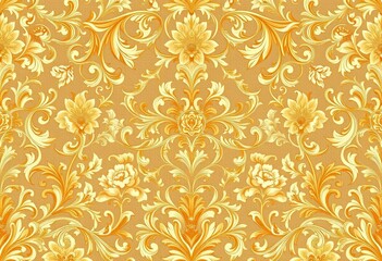 Intricate floral & scrollwork baroque rococo wallpaper design in muted golds & creams, Elegant, Art
