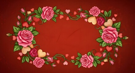 Oval Floral Frame of Pink Roses and Red Hearts on Textured Red background romantic