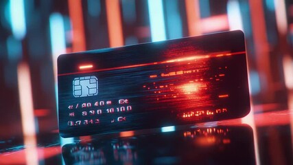 Futuristic credit card showing digital information on reflective surface - Powered by Adobe