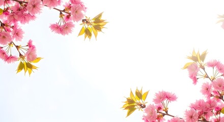 Pink cherry blossoms and green leaves against a bright white sky background sakura