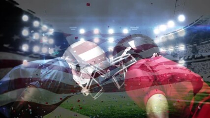 Animation of waving usa flag and falling confetti over american football players - Powered by Adobe