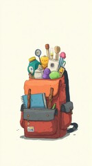 A colorful backpack is brimming with an assortment of stationery items and fun trinkets, ready for school or creative adventures. Essentials include notebooks, markers, and various toys.
