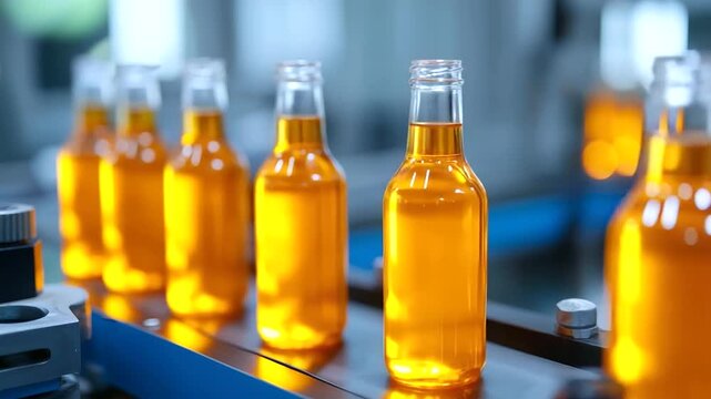 A glass container manufacturing facility shows automated blow molding systems producing bottles and jars. Glowing gobs of molten glass are transformed into perfectly formed contain