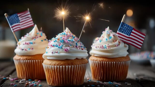 A close-up of delicious cupcakes with American flags and sparklers. Perfect for festive content dedicated to Independence Day.