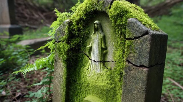 Moss and ferns twine around an old, cracked monument. The idea of ​​decay, memory and the inexorable time. Stone crumbling with time. Ideal for themes: history, nature, spirituality.