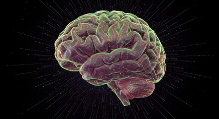 Fototapeta premium Mind's Inner Workings: A vibrant digital illustration of a brain with complex textures, illuminated in the vastness of dark space. Reflecting the concept of thought, intelligence.