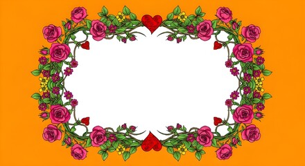 Pink Rose and Heart Wreath Frame with Yellow Flowers on Orange Background floral wreath