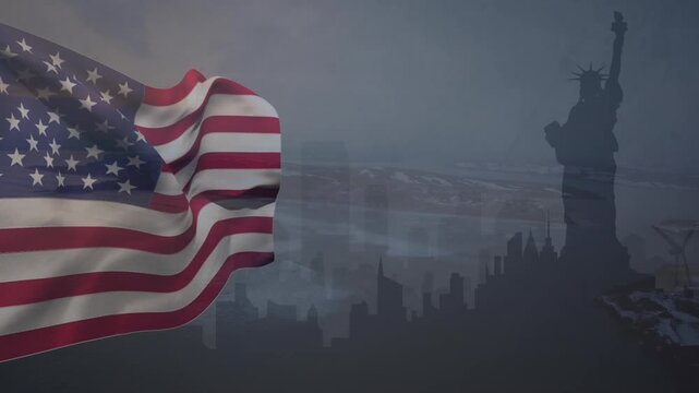 Animation of waving american flag over new york