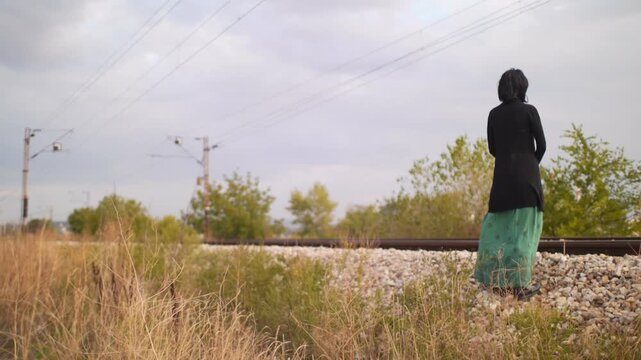 Depression woman on railway track contemplating of suicide