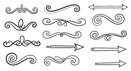Fototapeta premium Swirls arrow flourish design sketch decorative lines ornament doodle vector graphic art divider calligraphy handmade elements
