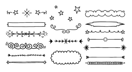 Doodle divider sketch design hand drawn handmade graphic illustration set stars line ornaments border swirl curly cloud frame vector