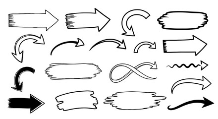 Hand drawn arrows sketch scribble line vector illustration graphic design element set arrow pointing doodle outline shape