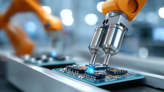 An automotive electronics assembly line produces control modules and infotainment systems. The high-tech component manufacturing for modern vehicles is shown with robotic arms plac