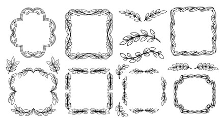 Leaf frame border line plant branch botanical art vector graphic design decorative ornaments square set